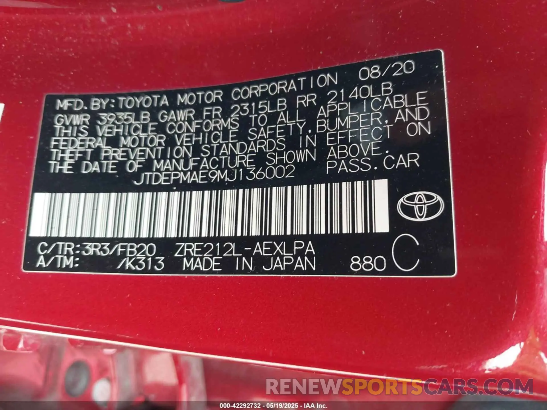 9 Photograph of a damaged car JTDEPMAE9MJ136002 TOYOTA COROLLA 2021
