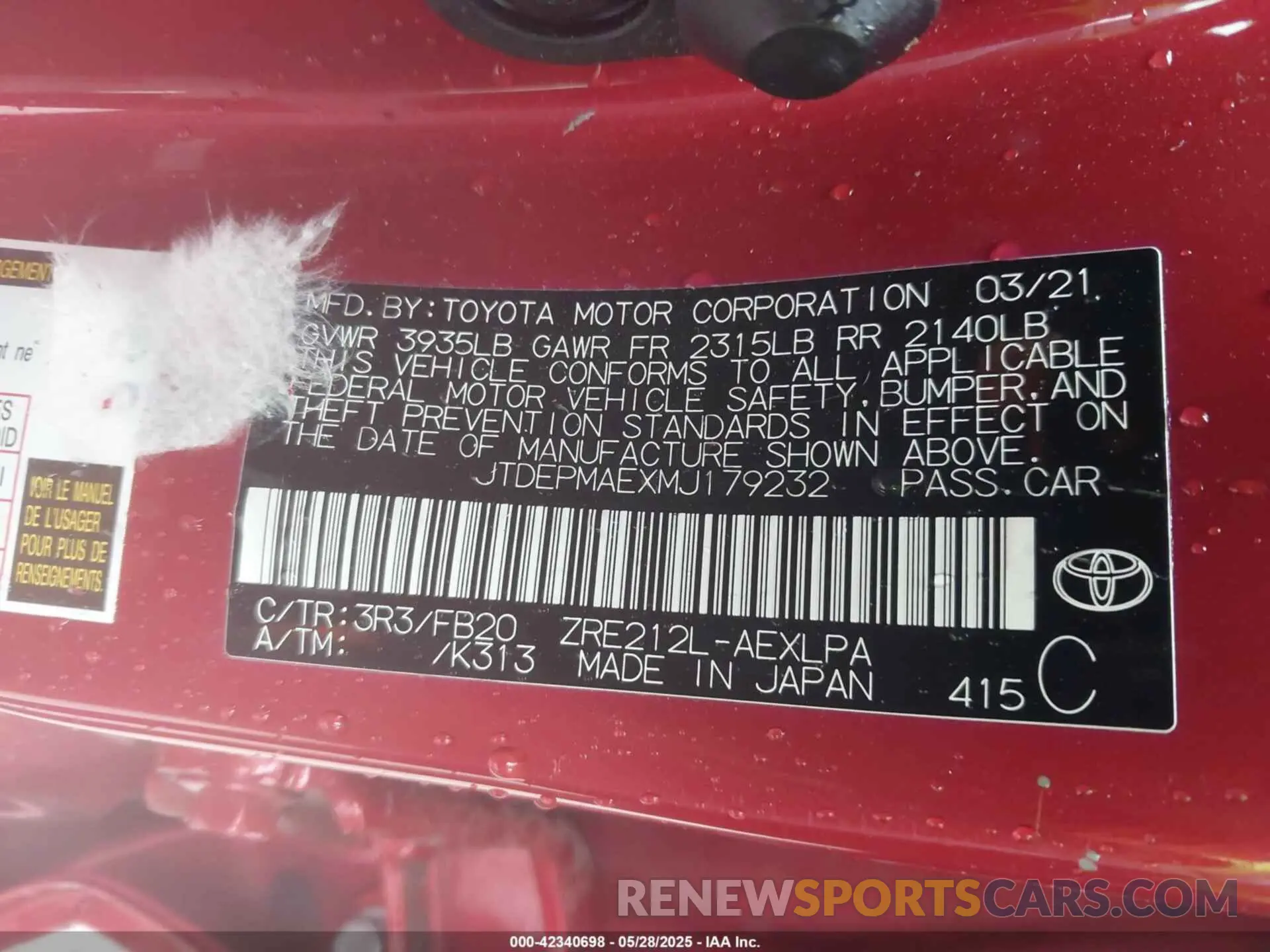 9 Photograph of a damaged car JTDEPMAEXMJ179232 TOYOTA COROLLA 2021