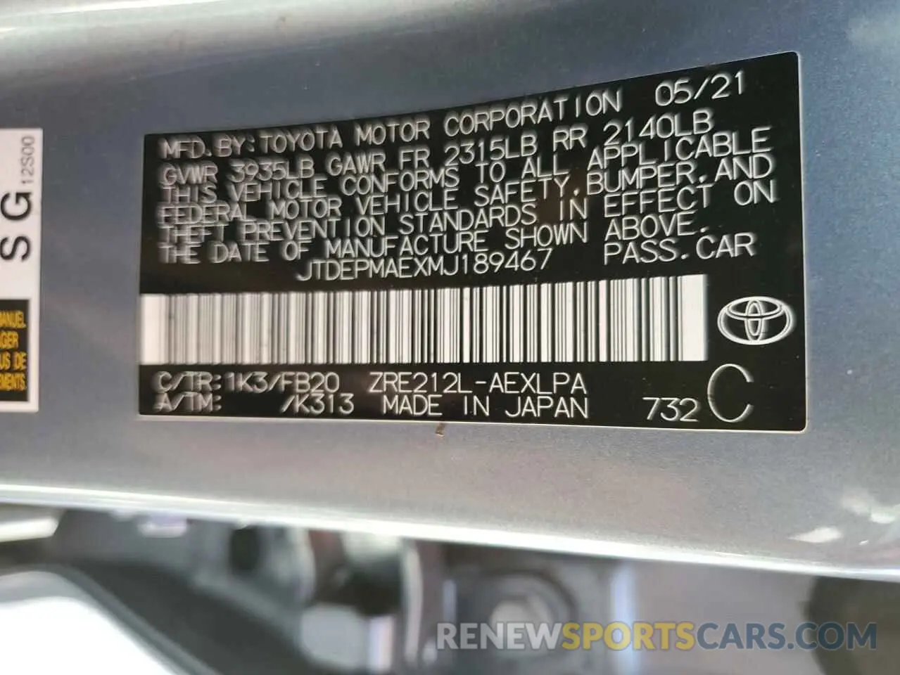 12 Photograph of a damaged car JTDEPMAEXMJ189467 TOYOTA COROLLA 2021
