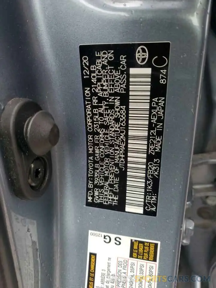 12 Photograph of a damaged car JTDHPMAE2MJ163684 TOYOTA COROLLA 2021