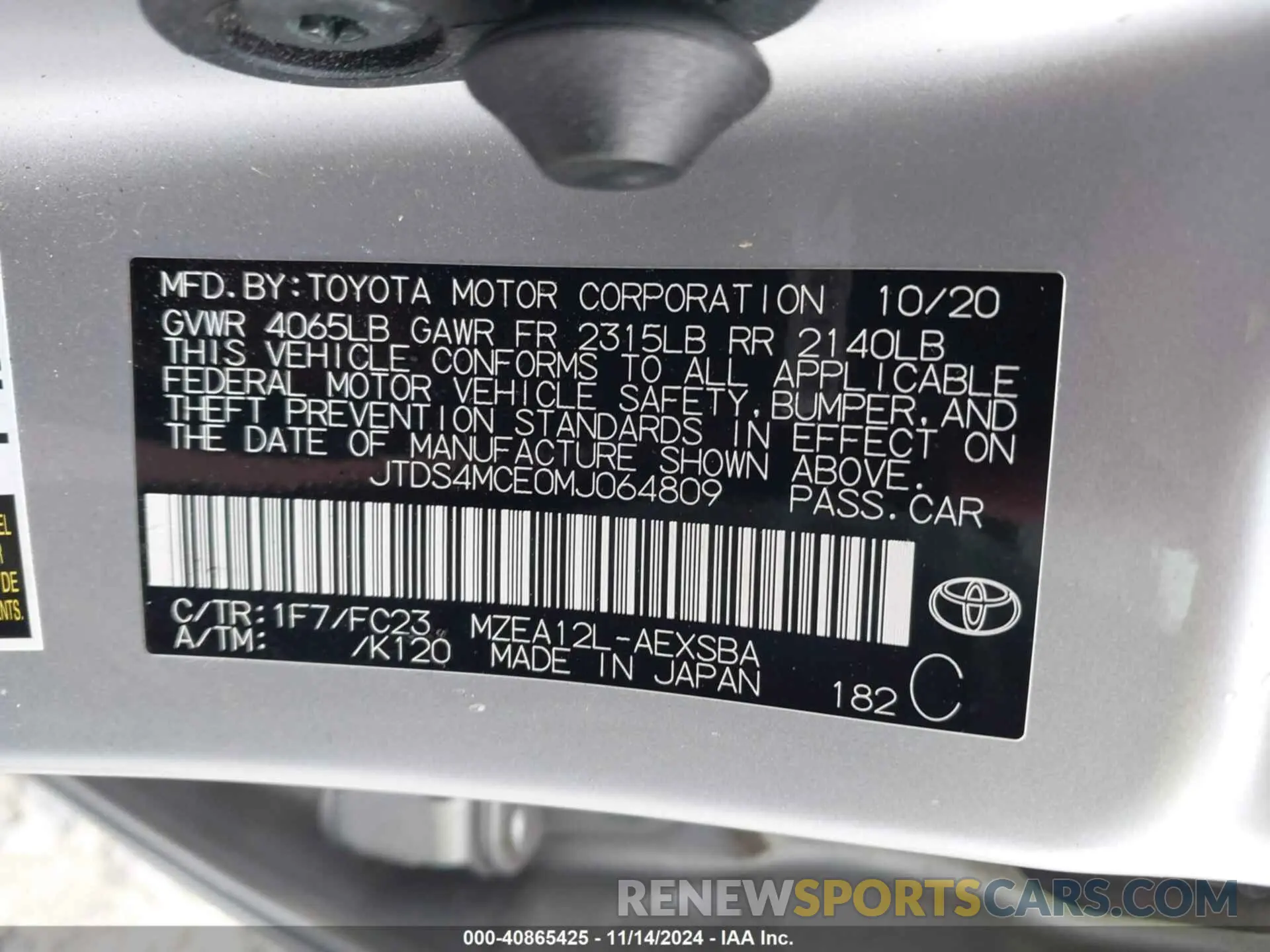 9 Photograph of a damaged car JTDS4MCE0MJ064809 TOYOTA COROLLA 2021