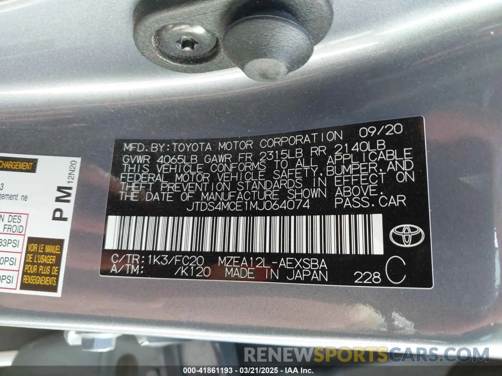 9 Photograph of a damaged car JTDS4MCE1MJ064074 TOYOTA COROLLA 2021