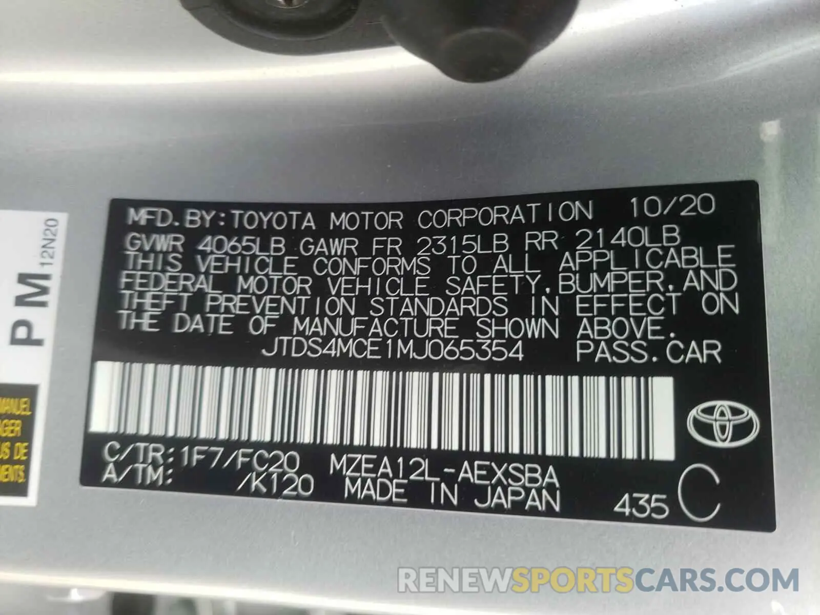 10 Photograph of a damaged car JTDS4MCE1MJ065354 TOYOTA COROLLA 2021