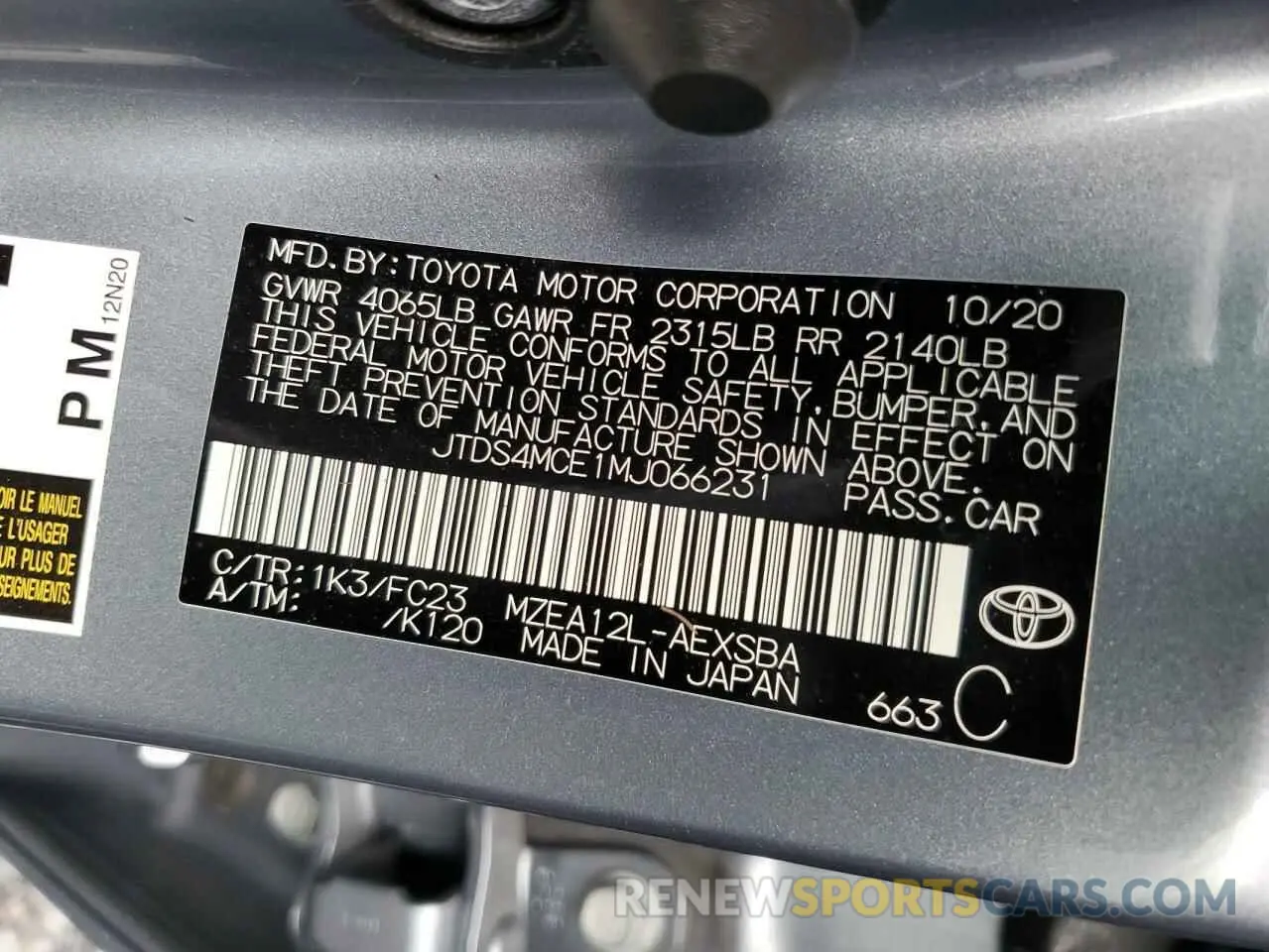 13 Photograph of a damaged car JTDS4MCE1MJ066231 TOYOTA COROLLA 2021