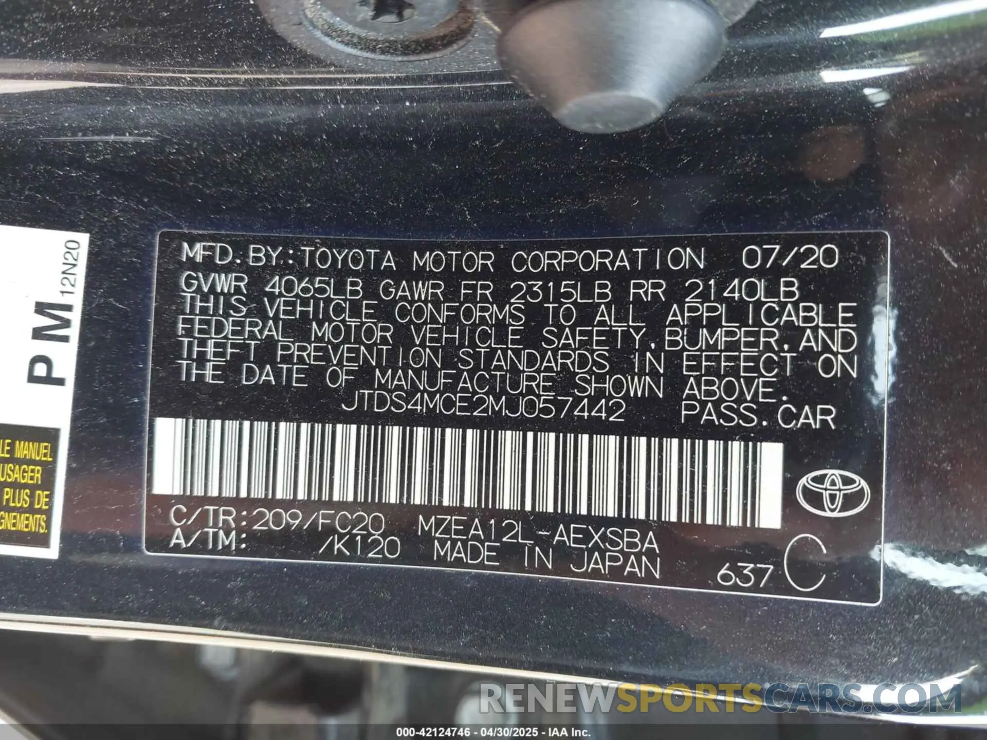 9 Photograph of a damaged car JTDS4MCE2MJ057442 TOYOTA COROLLA 2021