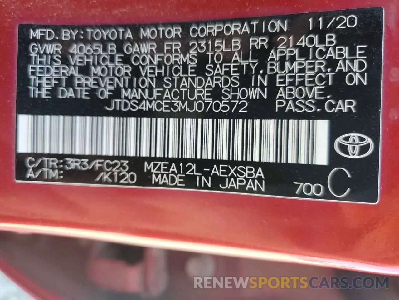12 Photograph of a damaged car JTDS4MCE3MJ070572 TOYOTA COROLLA 2021