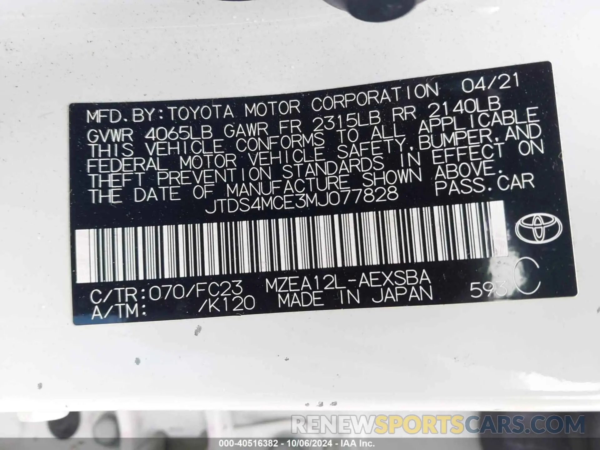 9 Photograph of a damaged car JTDS4MCE3MJ077828 TOYOTA COROLLA 2021