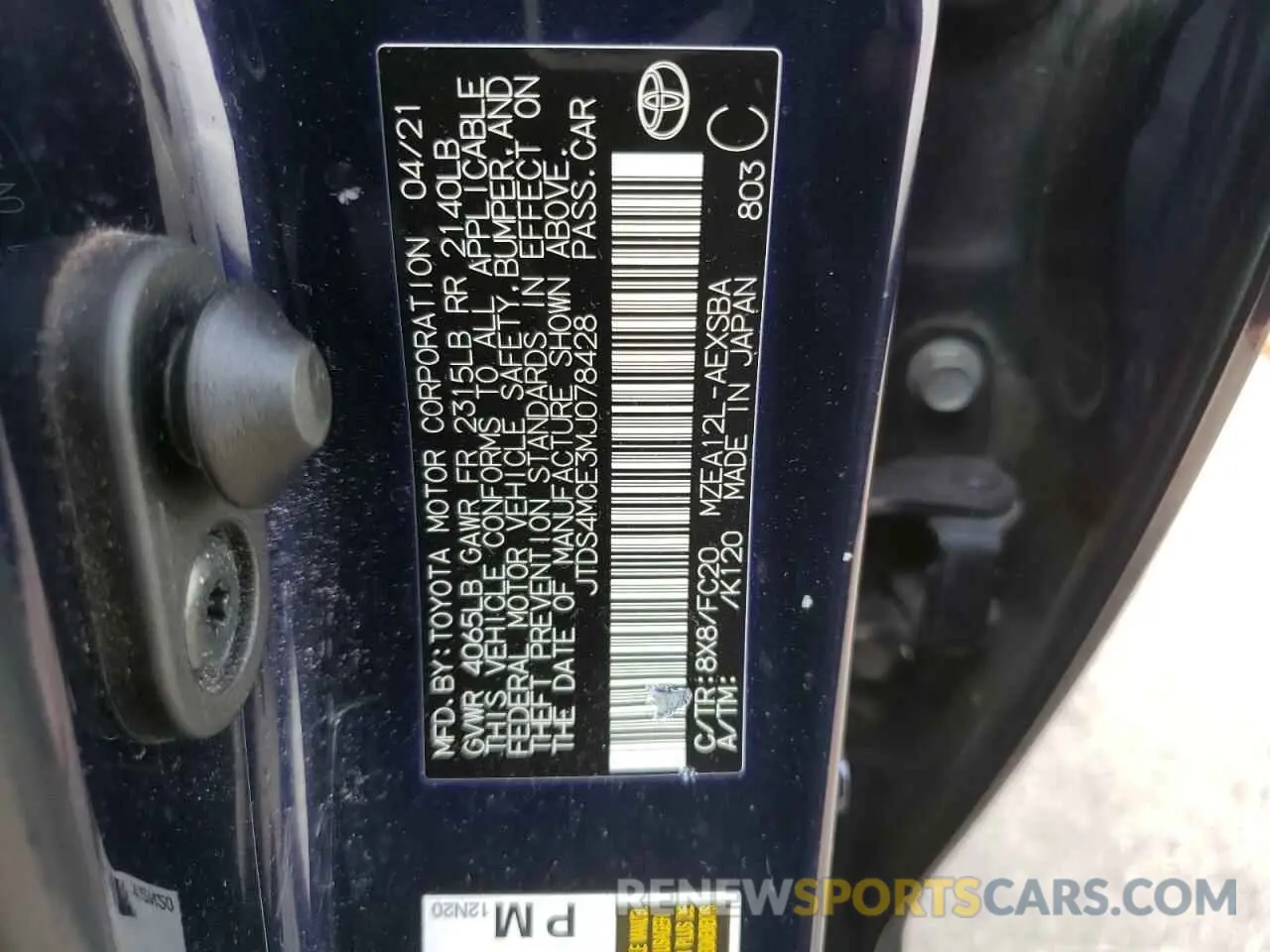 12 Photograph of a damaged car JTDS4MCE3MJ078428 TOYOTA COROLLA 2021