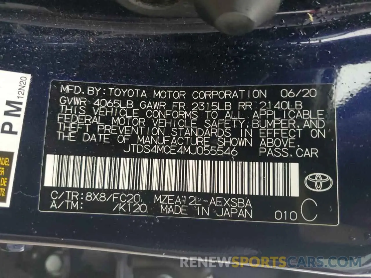 12 Photograph of a damaged car JTDS4MCE4MJ055546 TOYOTA COROLLA 2021