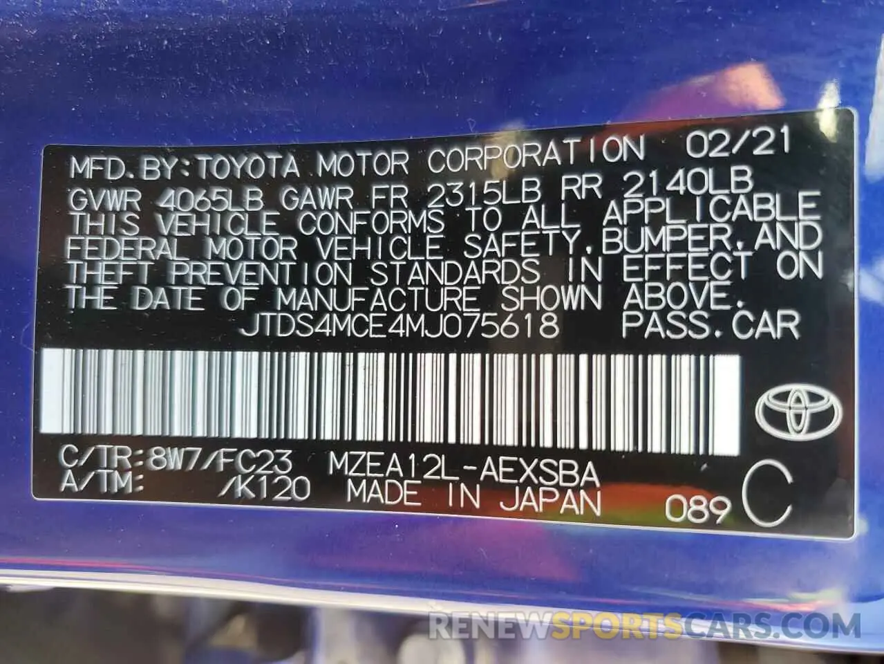 12 Photograph of a damaged car JTDS4MCE4MJ075618 TOYOTA COROLLA 2021