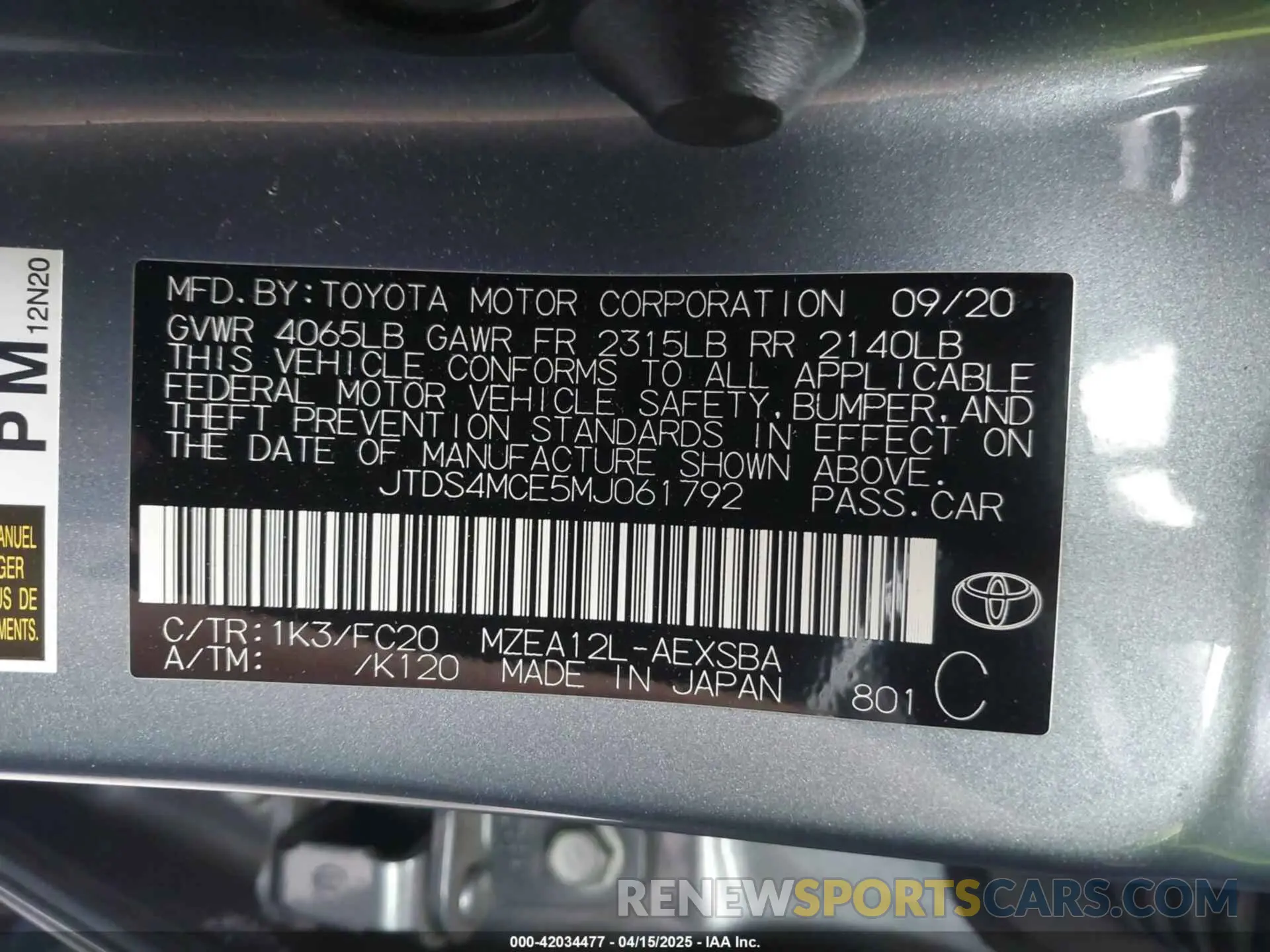9 Photograph of a damaged car JTDS4MCE5MJ061792 TOYOTA COROLLA 2021