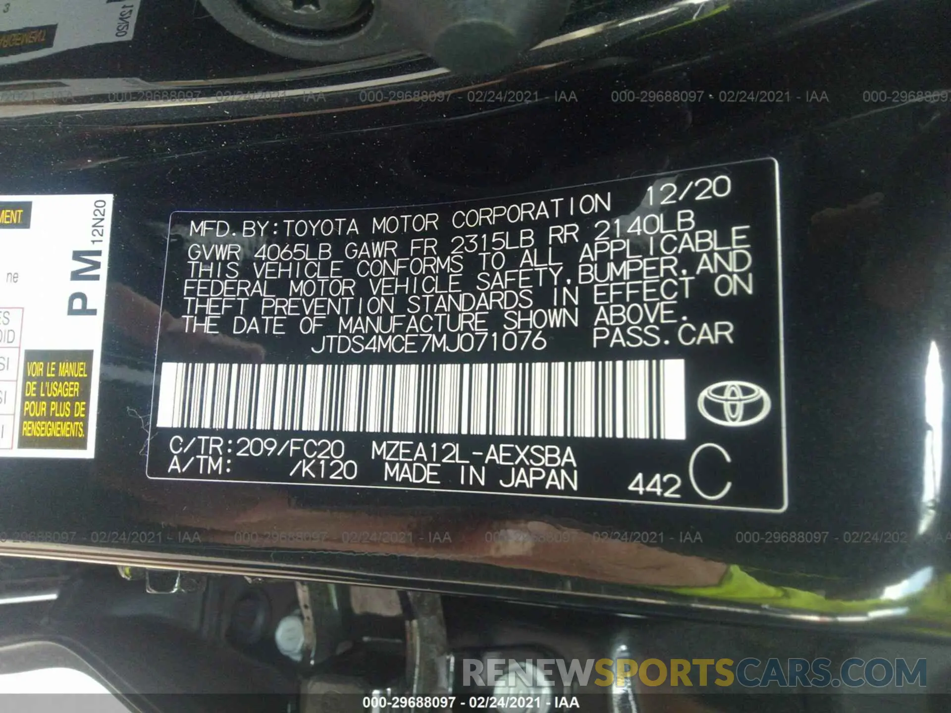 9 Photograph of a damaged car JTDS4MCE7MJ071076 TOYOTA COROLLA 2021