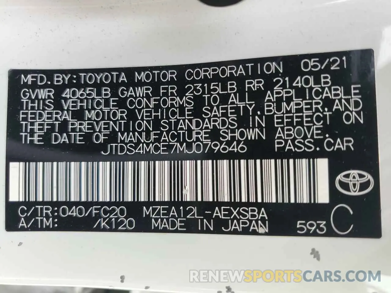 12 Photograph of a damaged car JTDS4MCE7MJ079646 TOYOTA COROLLA 2021