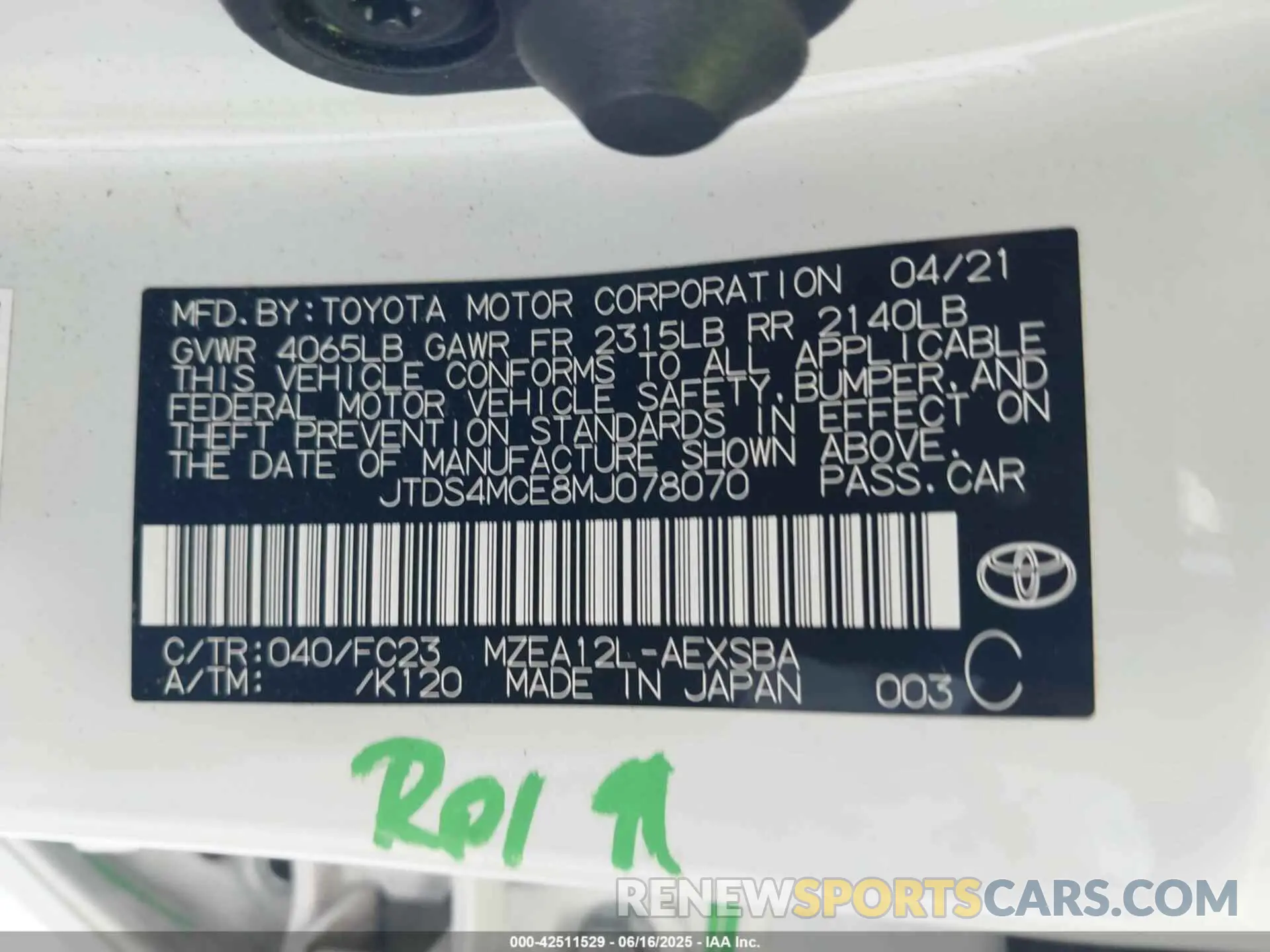 9 Photograph of a damaged car JTDS4MCE8MJ078070 TOYOTA COROLLA 2021