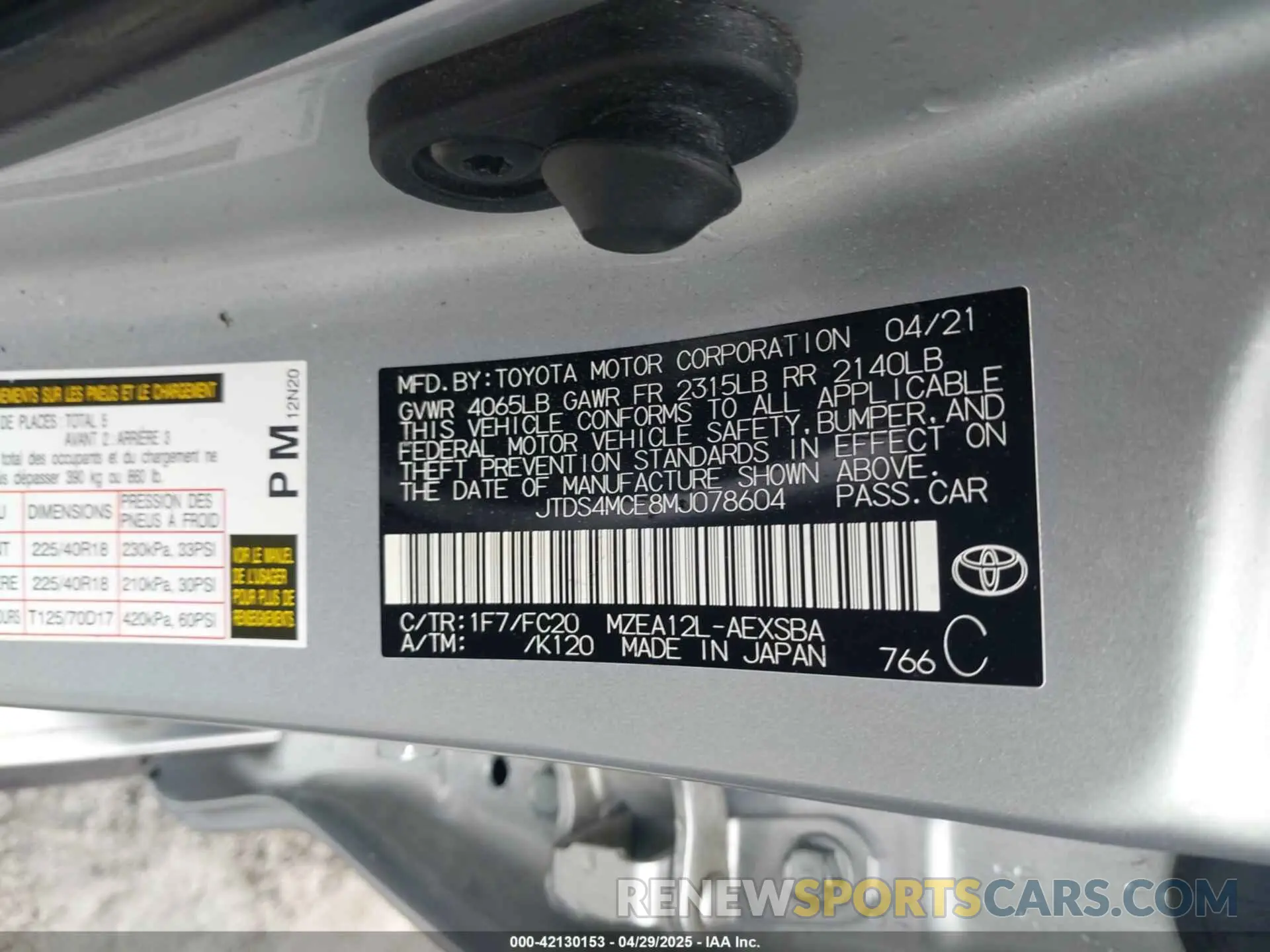 9 Photograph of a damaged car JTDS4MCE8MJ078604 TOYOTA COROLLA 2021