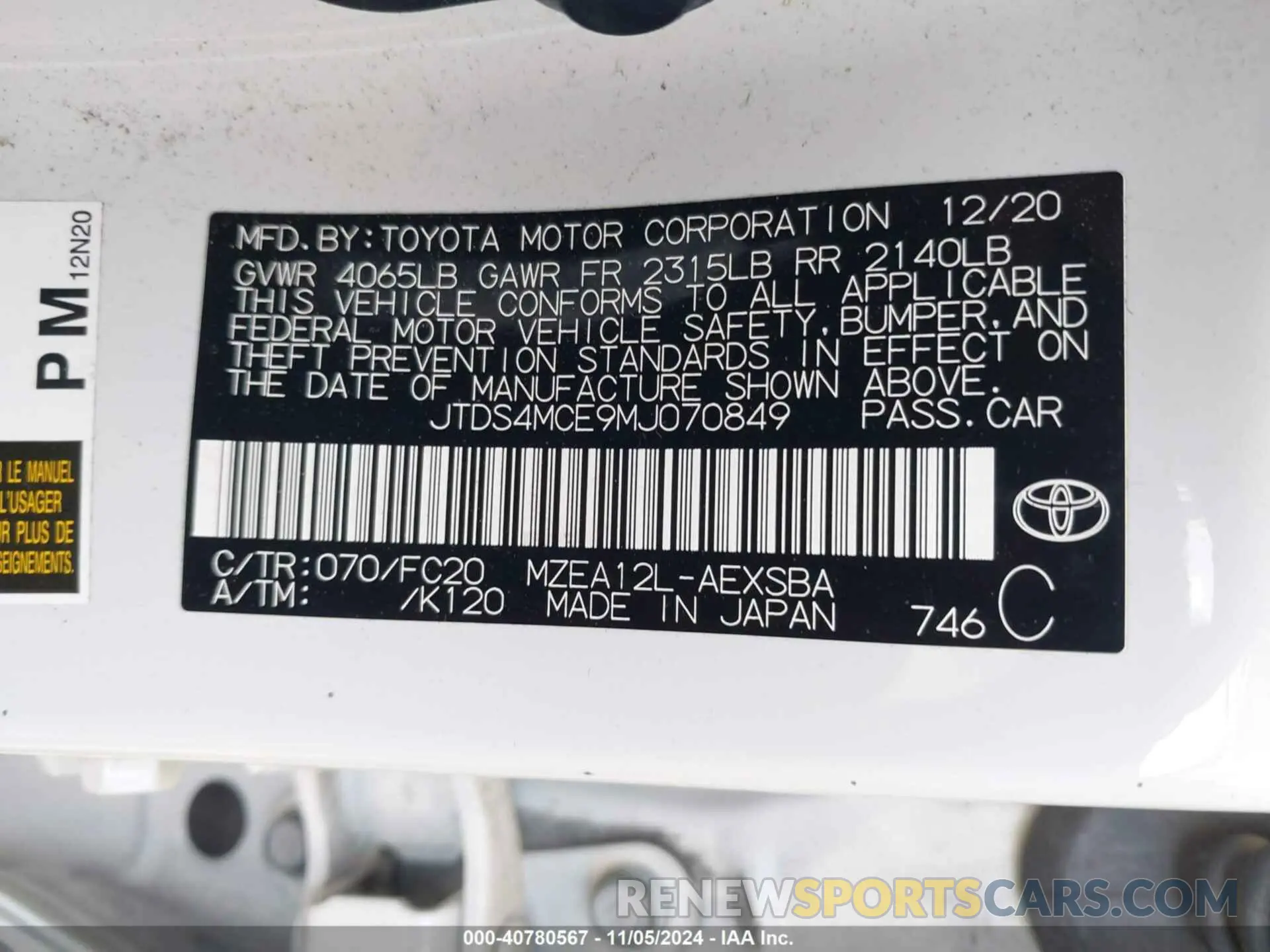 9 Photograph of a damaged car JTDS4MCE9MJ070849 TOYOTA COROLLA 2021