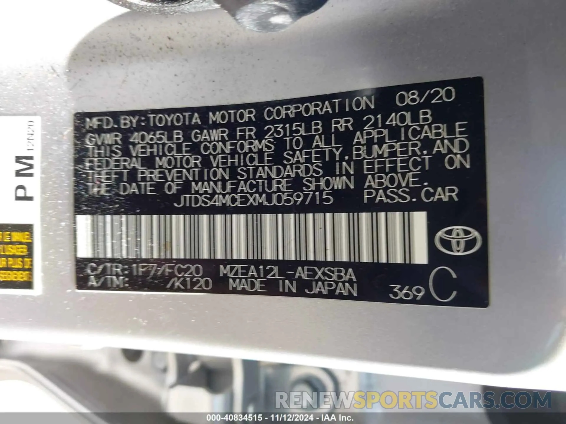 9 Photograph of a damaged car JTDS4MCEXMJ059715 TOYOTA COROLLA 2021