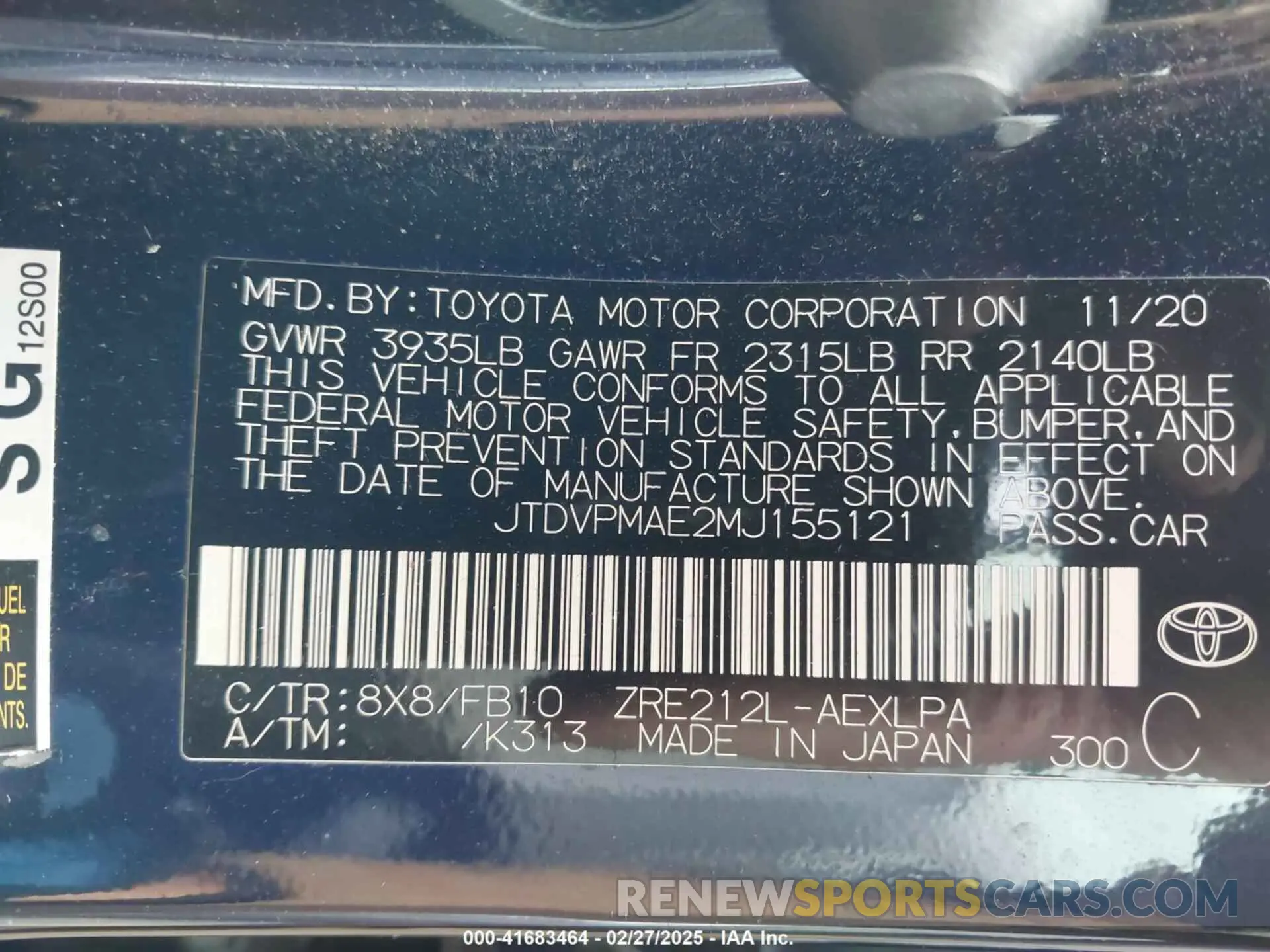 9 Photograph of a damaged car JTDVPMAE2MJ155121 TOYOTA COROLLA 2021