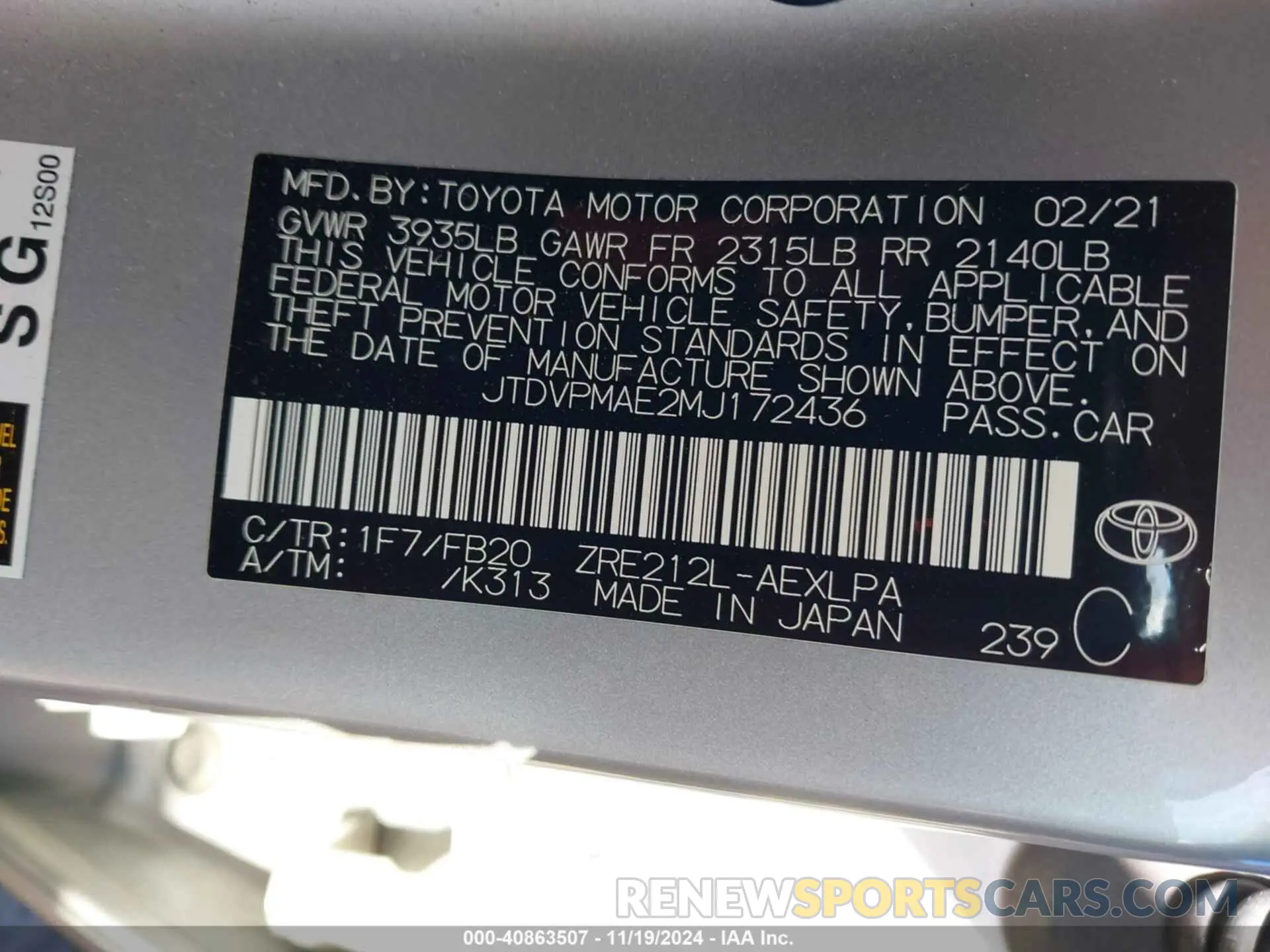 9 Photograph of a damaged car JTDVPMAE2MJ172436 TOYOTA COROLLA 2021
