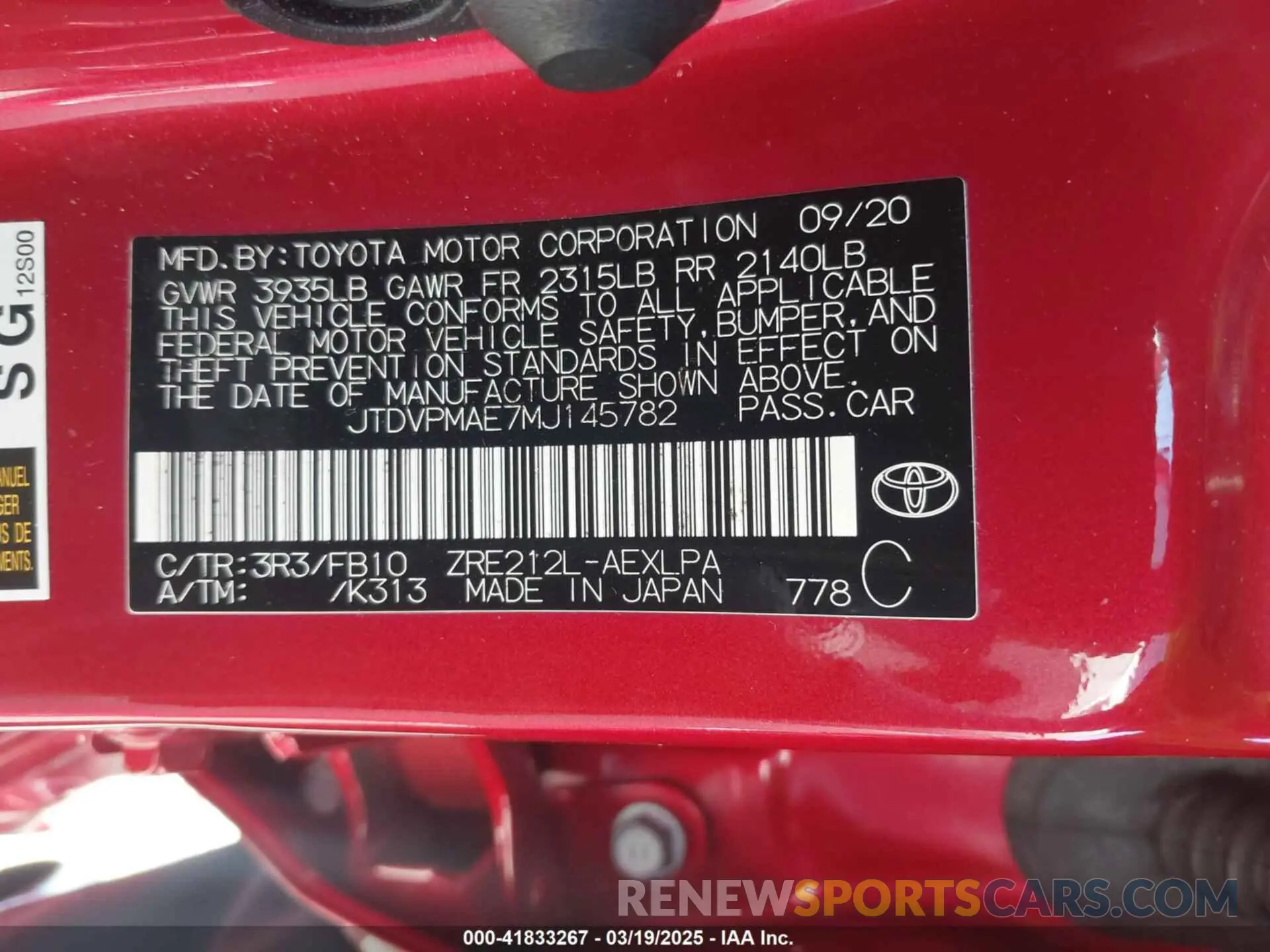 9 Photograph of a damaged car JTDVPMAE7MJ145782 TOYOTA COROLLA 2021