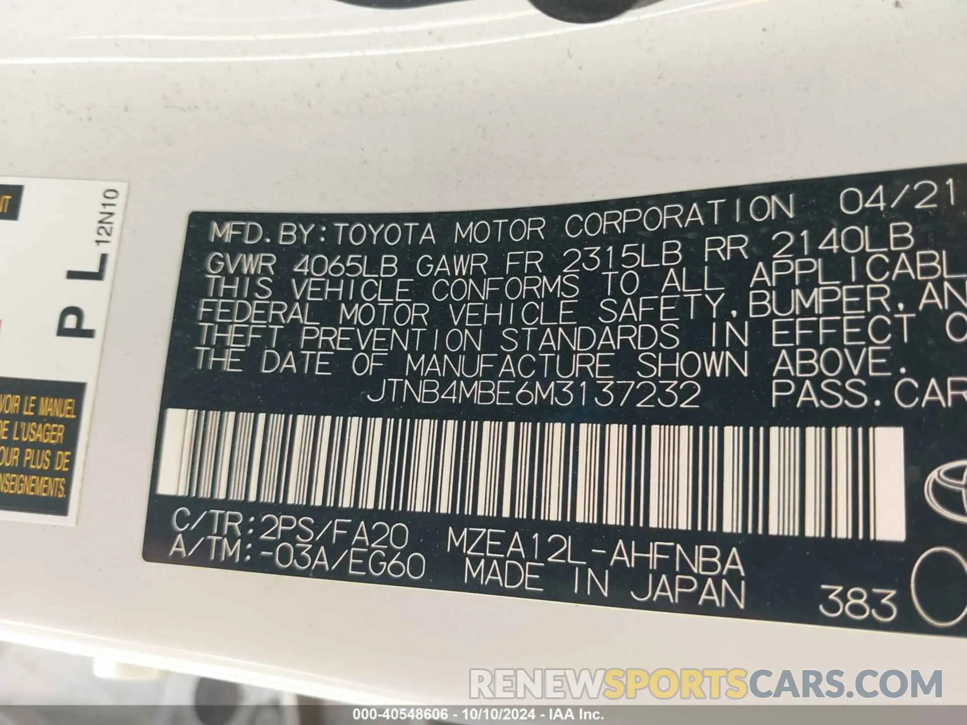 9 Photograph of a damaged car JTNB4MBE6M3137232 TOYOTA COROLLA 2021
