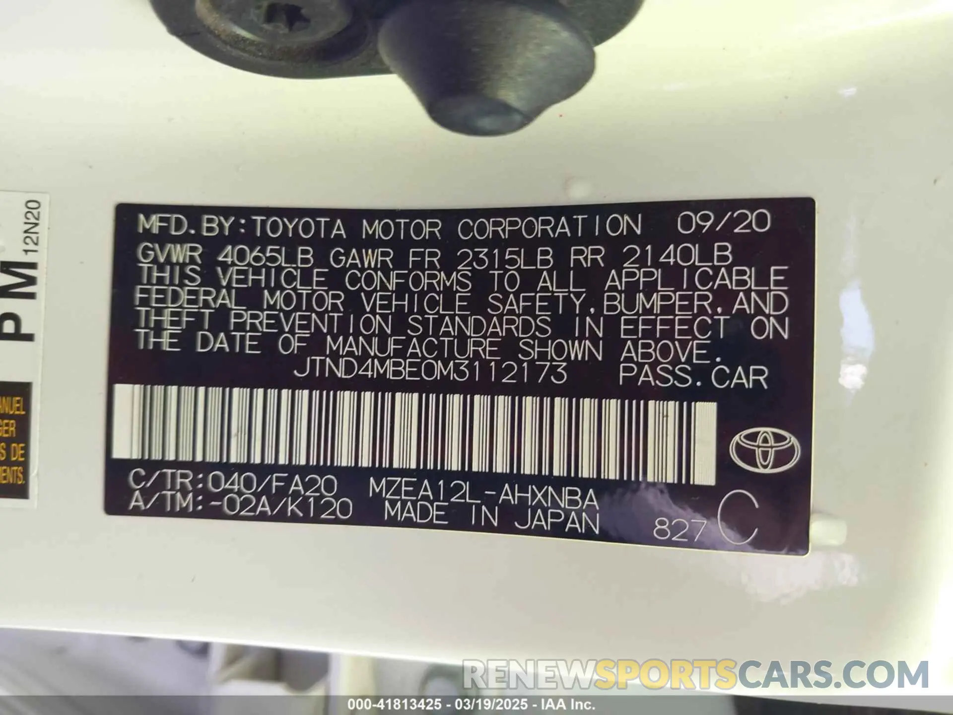 9 Photograph of a damaged car JTND4MBE0M3112173 TOYOTA COROLLA 2021