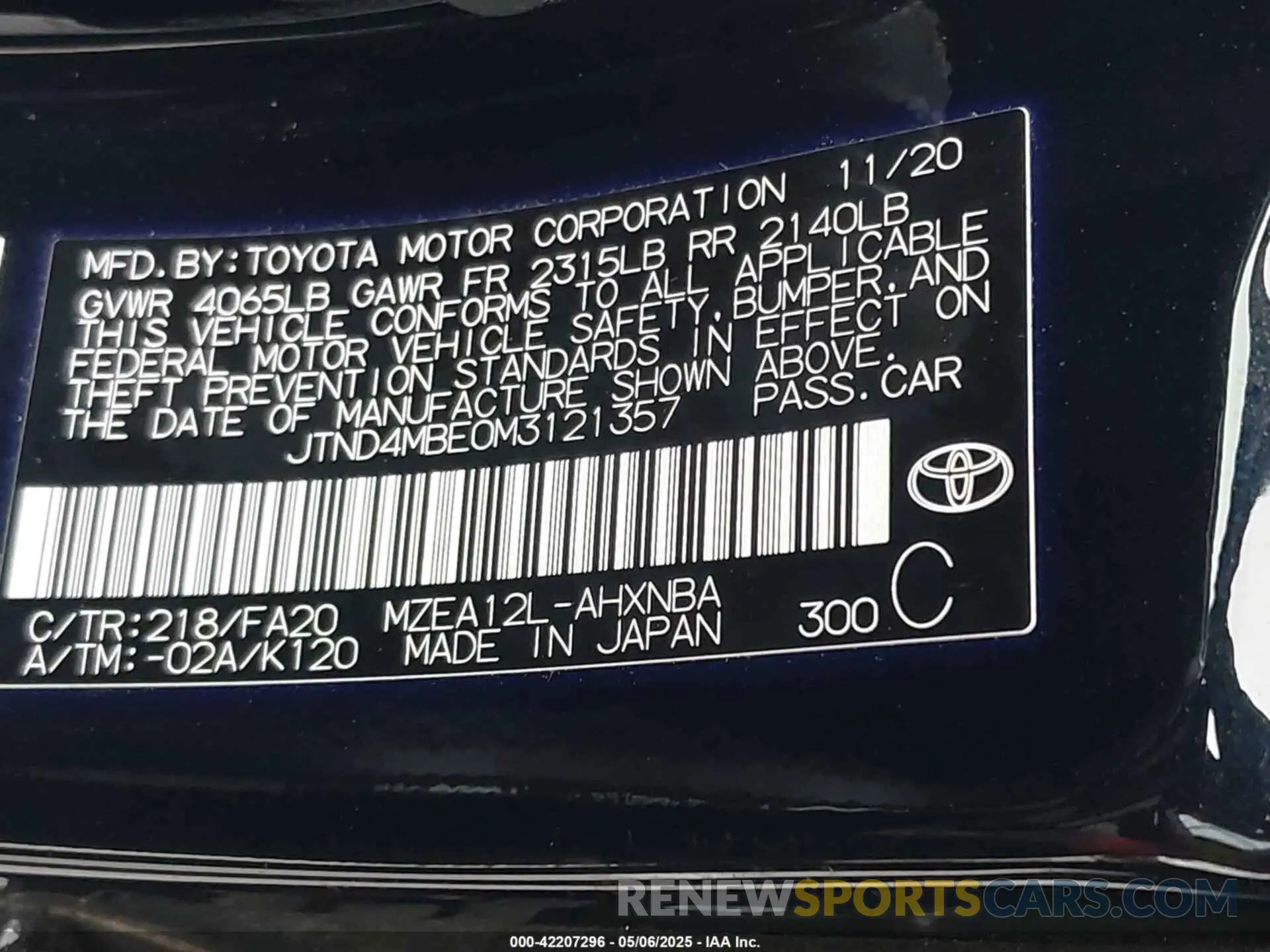 9 Photograph of a damaged car JTND4MBE0M3121357 TOYOTA COROLLA 2021