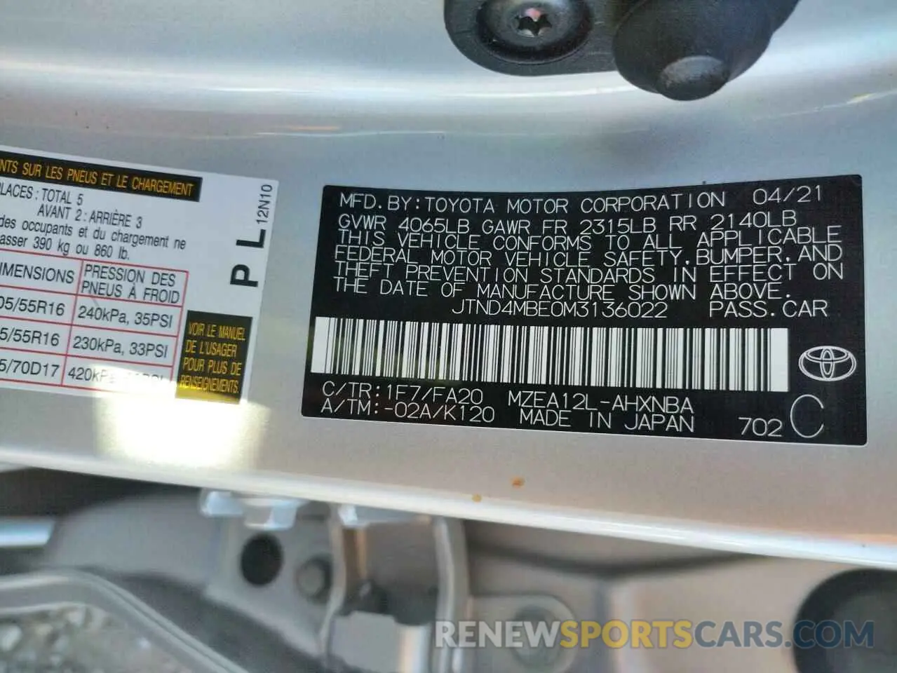 10 Photograph of a damaged car JTND4MBE0M3136022 TOYOTA COROLLA 2021