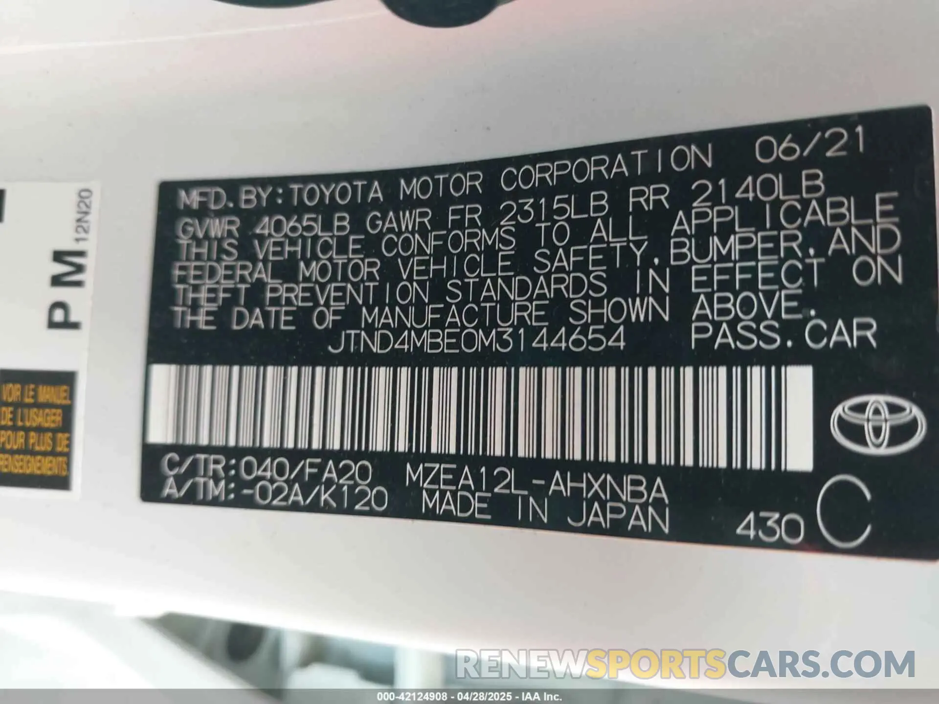 9 Photograph of a damaged car JTND4MBE0M3144654 TOYOTA COROLLA 2021