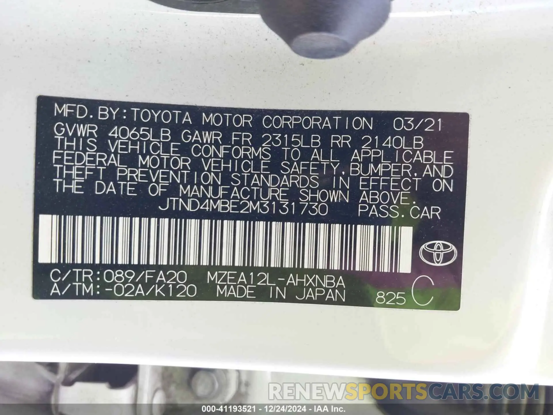9 Photograph of a damaged car JTND4MBE2M3131730 TOYOTA COROLLA 2021