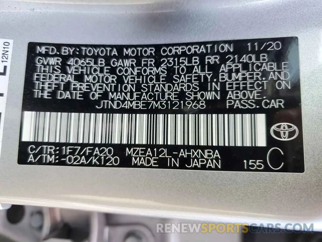 13 Photograph of a damaged car JTND4MBE7M3121968 TOYOTA COROLLA 2021