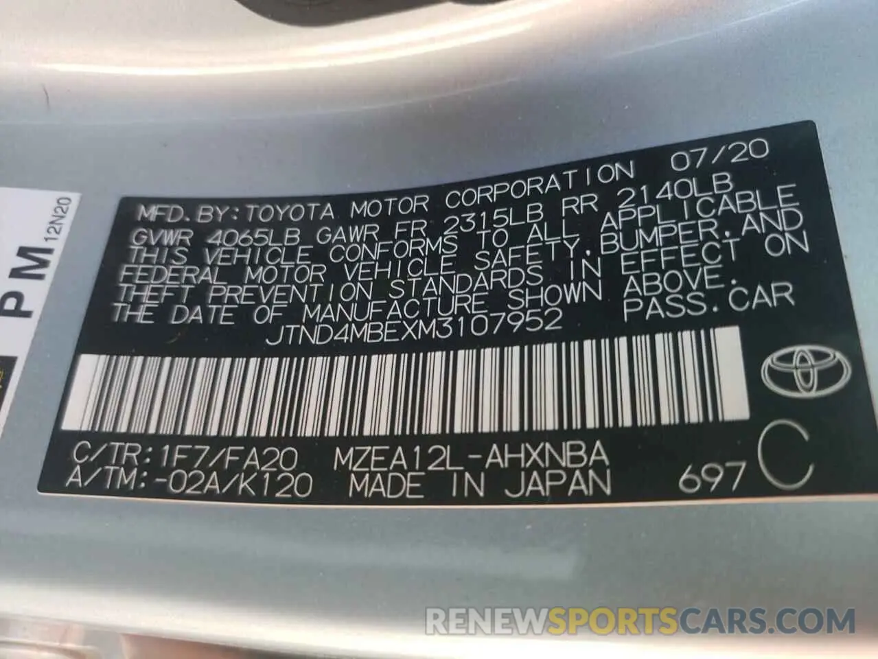10 Photograph of a damaged car JTND4MBEXM3107952 TOYOTA COROLLA 2021