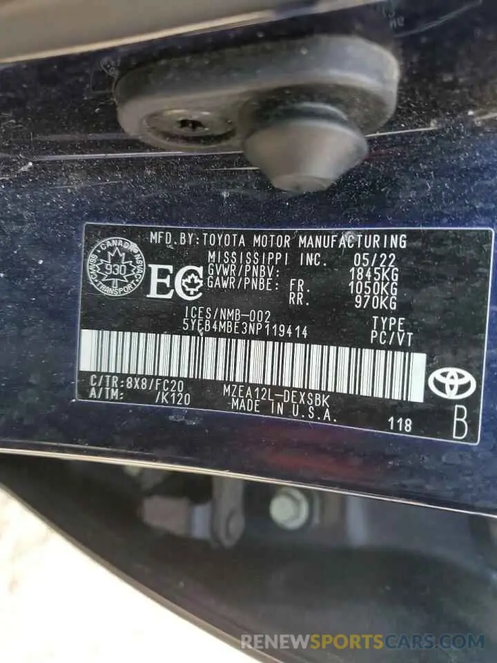 13 Photograph of a damaged car 5YFB4MBE3NP119414 TOYOTA COROLLA 2022