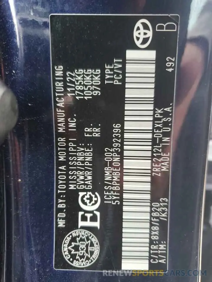 12 Photograph of a damaged car 5YFBPMBE0NP392396 TOYOTA COROLLA 2022