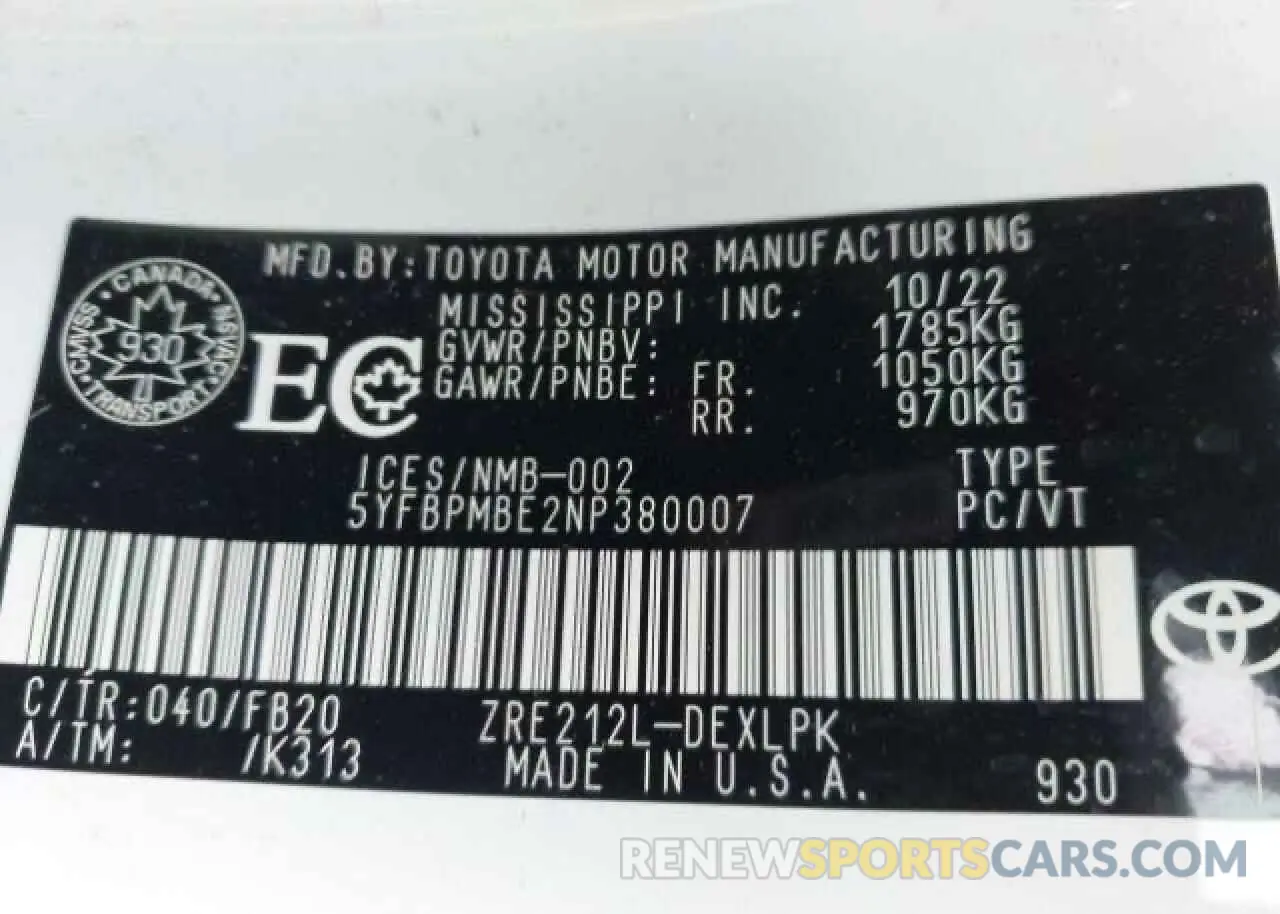 10 Photograph of a damaged car 5YFBPMBE2NP380007 TOYOTA COROLLA 2022