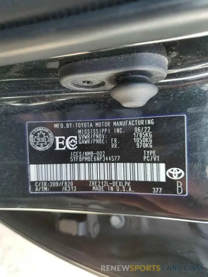 12 Photograph of a damaged car 5YFBPMBE6NP344577 TOYOTA COROLLA 2022