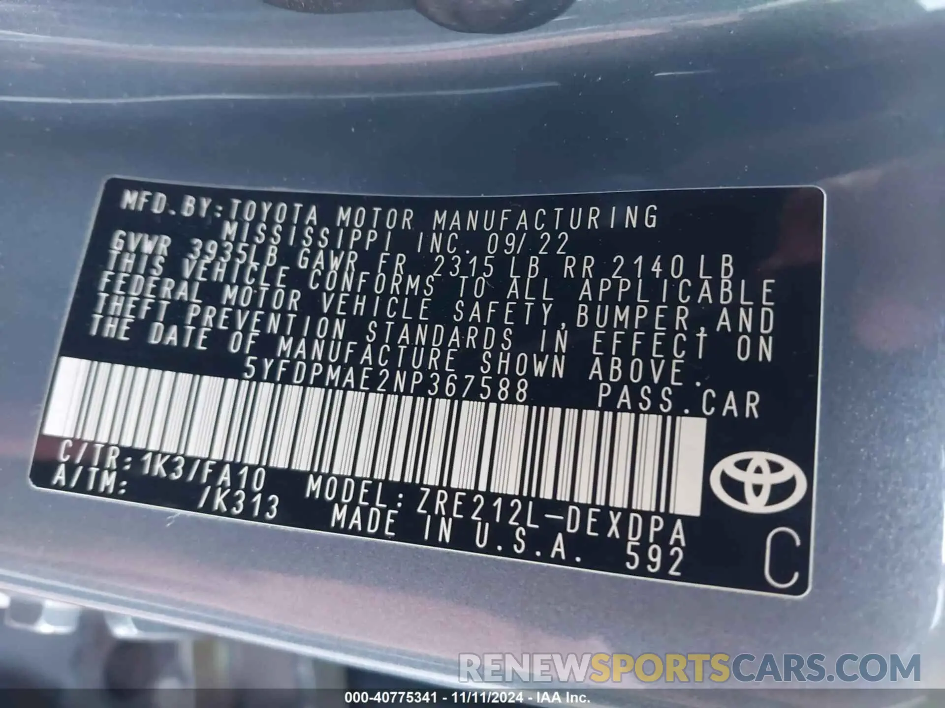9 Photograph of a damaged car 5YFDPMAE2NP367588 TOYOTA COROLLA 2022
