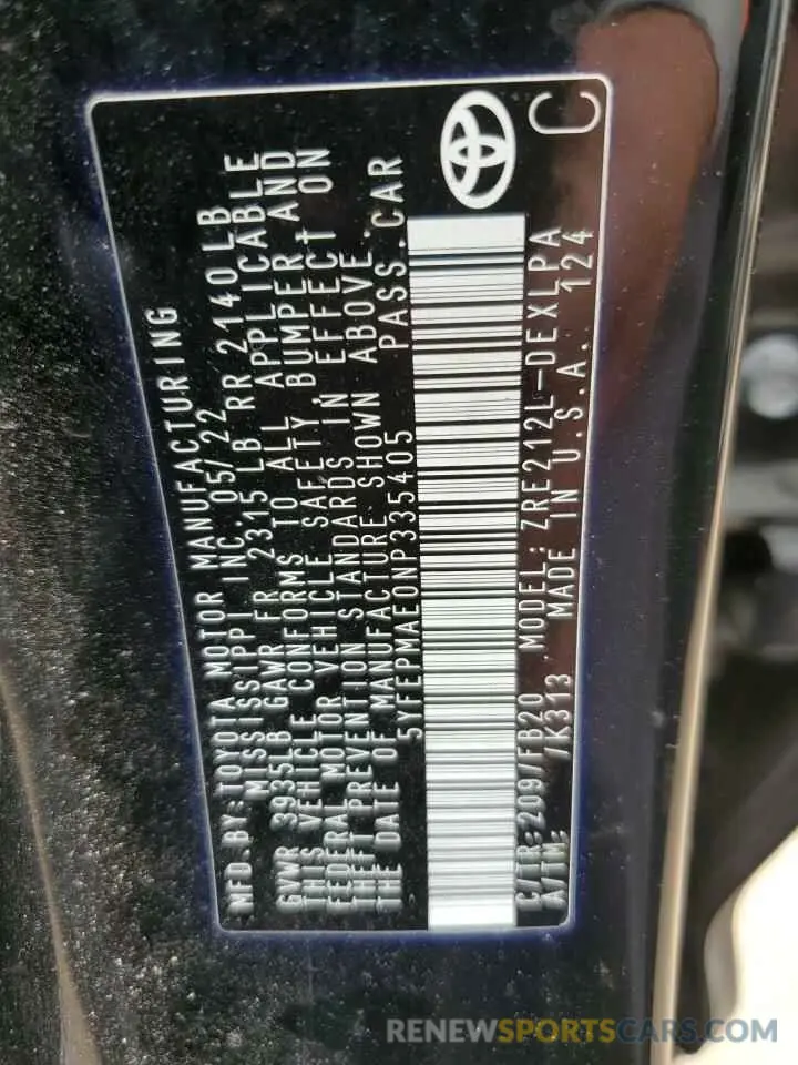 12 Photograph of a damaged car 5YFEPMAE0NP335405 TOYOTA COROLLA 2022