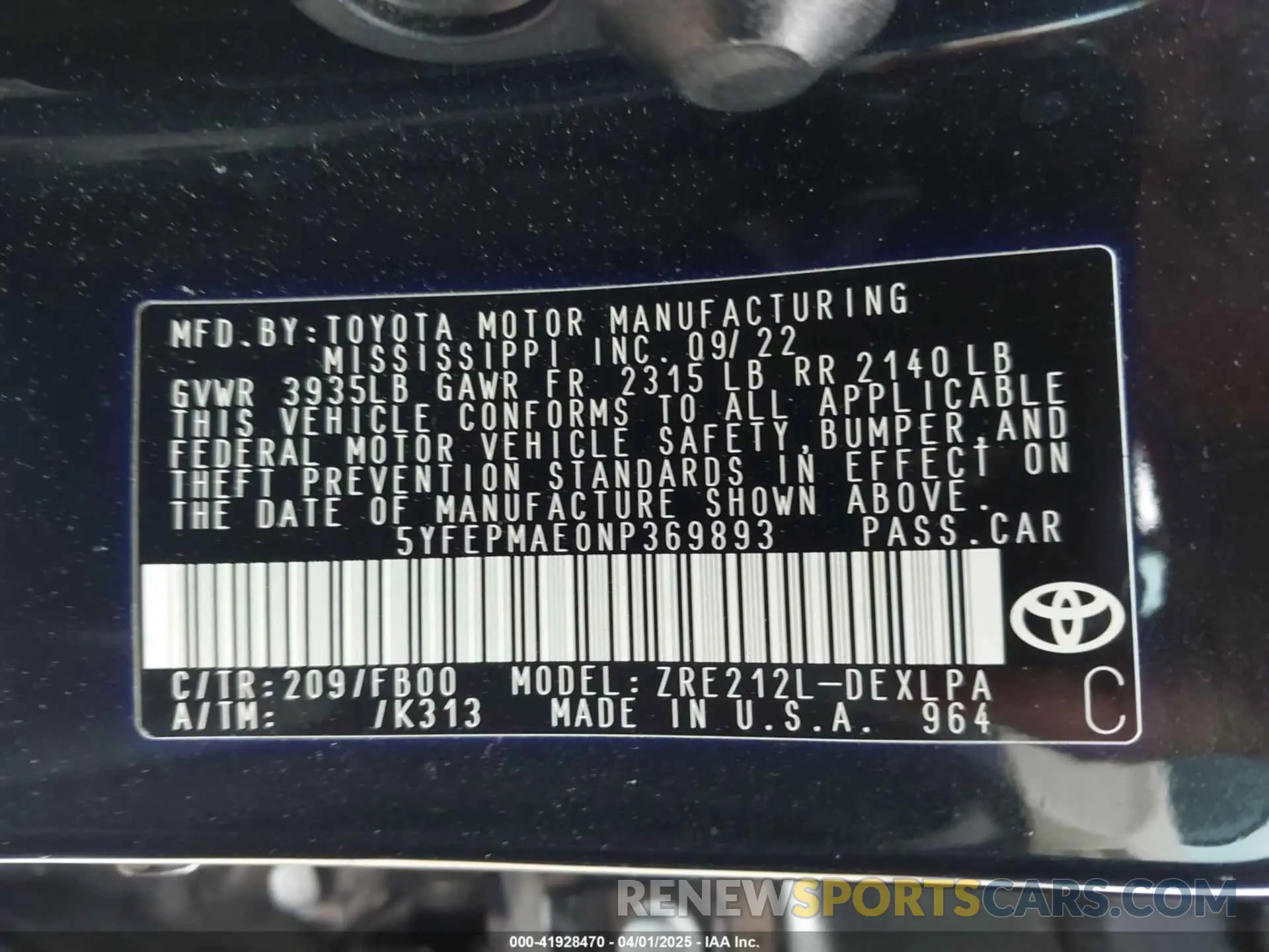 9 Photograph of a damaged car 5YFEPMAE0NP369893 TOYOTA COROLLA 2022