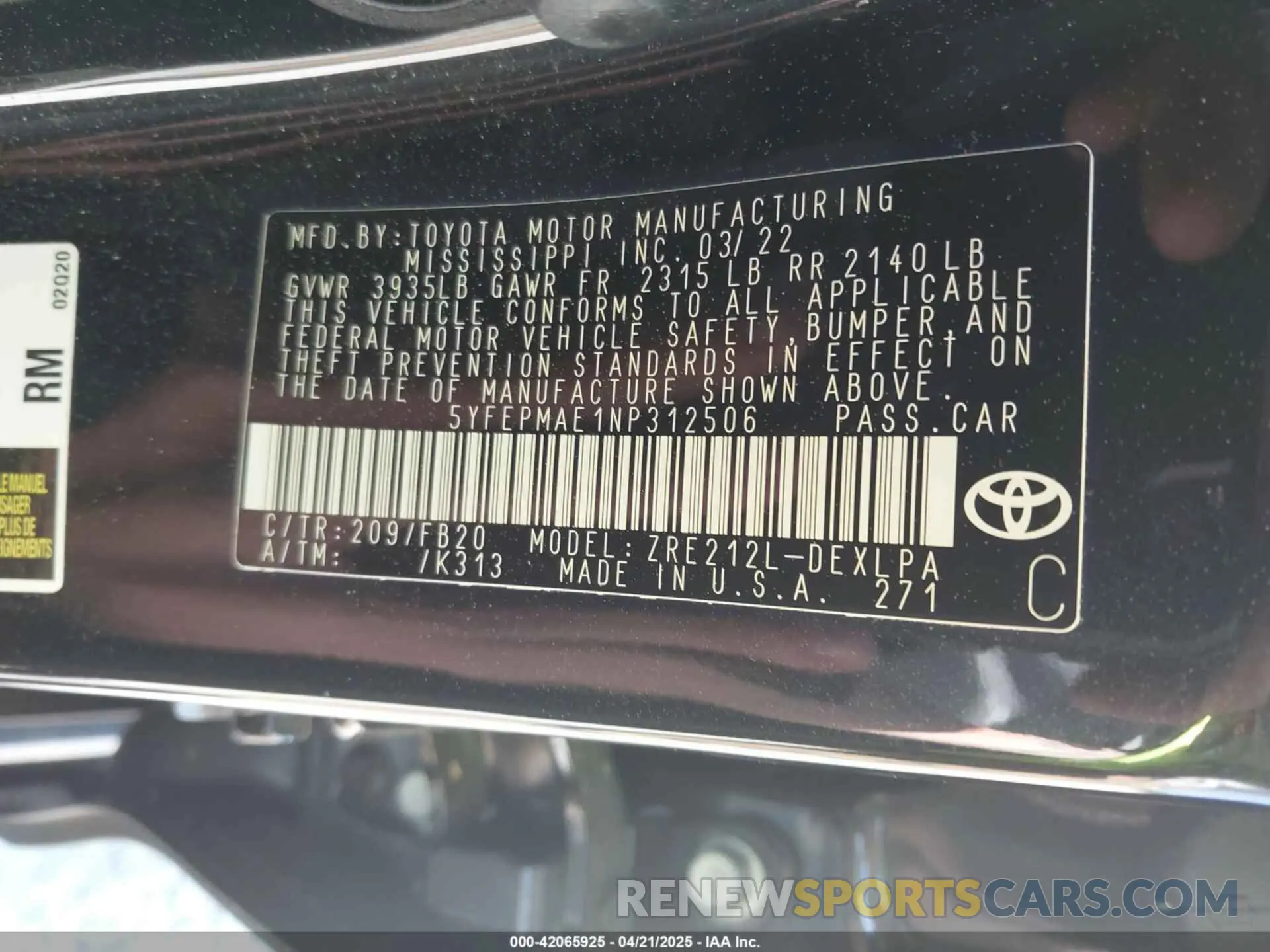 9 Photograph of a damaged car 5YFEPMAE1NP312506 TOYOTA COROLLA 2022