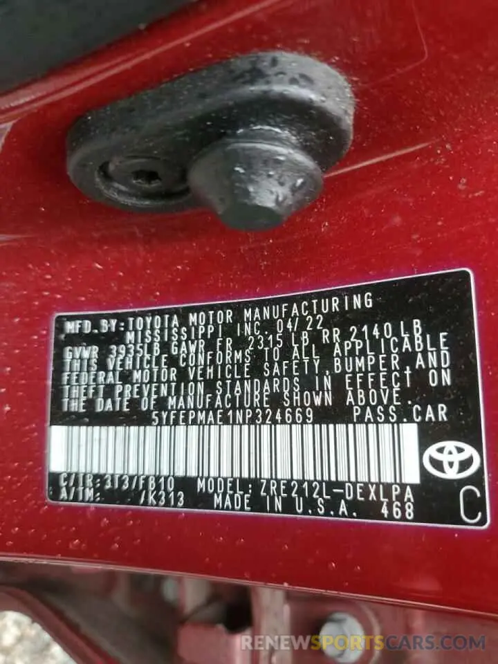 13 Photograph of a damaged car 5YFEPMAE1NP324669 TOYOTA COROLLA 2022