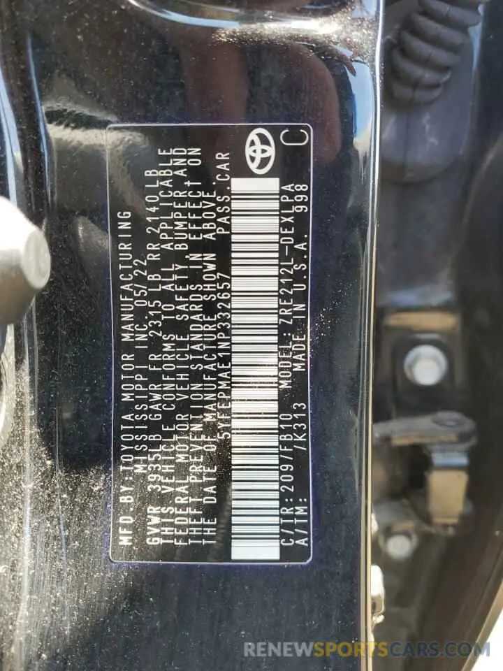 12 Photograph of a damaged car 5YFEPMAE1NP332657 TOYOTA COROLLA 2022
