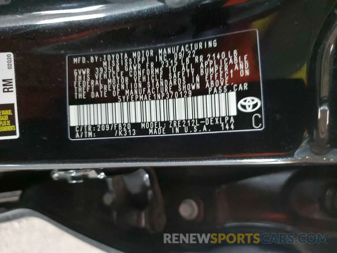 12 Photograph of a damaged car 5YFEPMAE1NP370129 TOYOTA COROLLA 2022