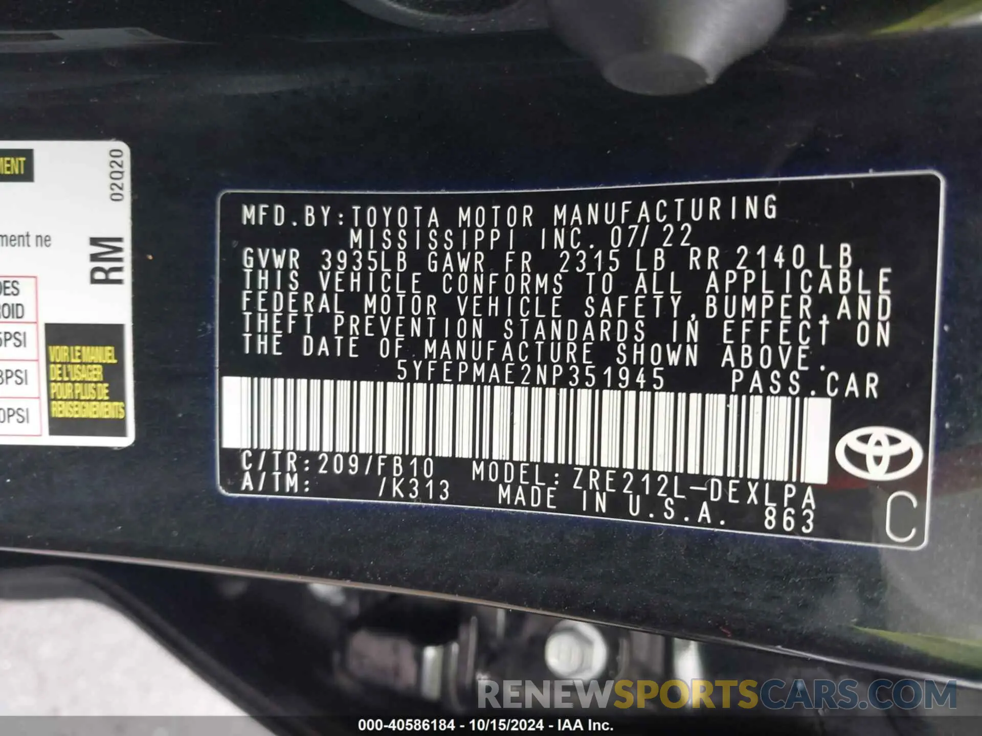 9 Photograph of a damaged car 5YFEPMAE2NP351945 TOYOTA COROLLA 2022