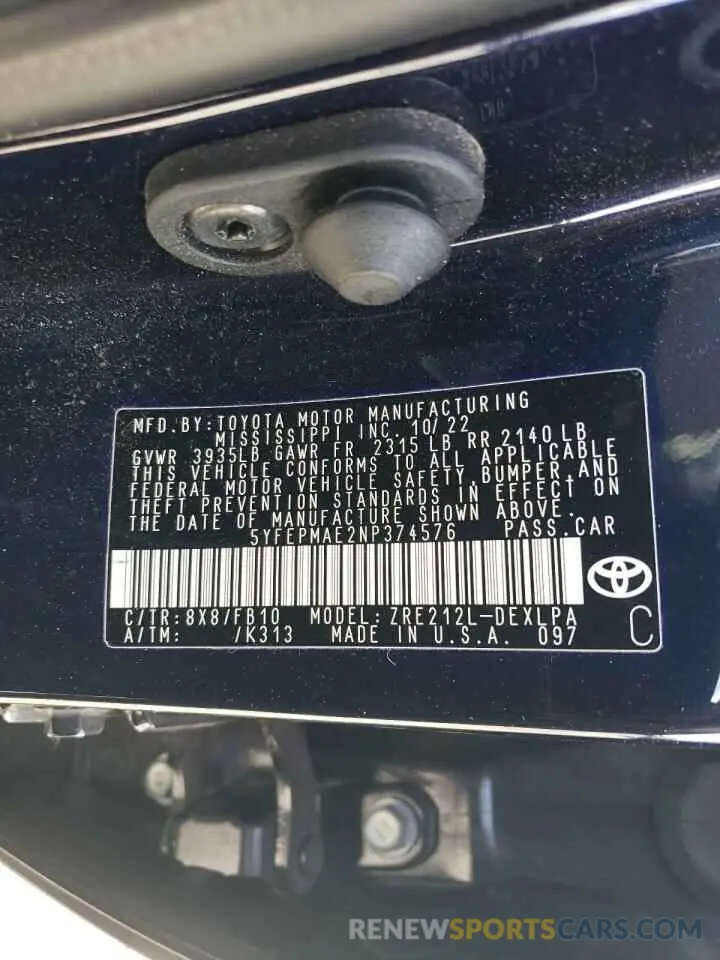 12 Photograph of a damaged car 5YFEPMAE2NP374576 TOYOTA COROLLA 2022