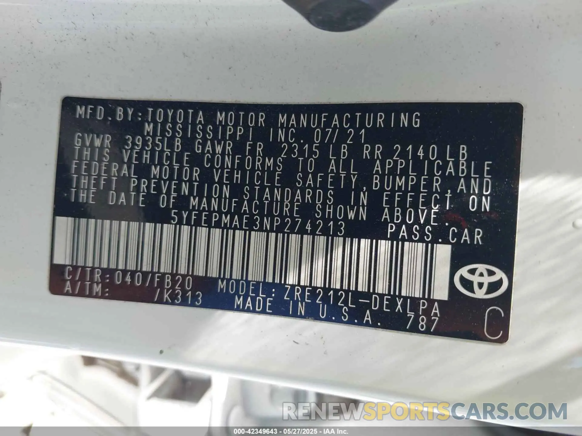 9 Photograph of a damaged car 5YFEPMAE3NP274213 TOYOTA COROLLA 2022