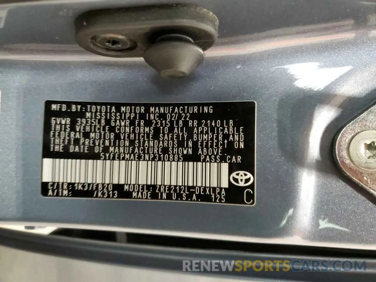 12 Photograph of a damaged car 5YFEPMAE3NP310885 TOYOTA COROLLA 2022