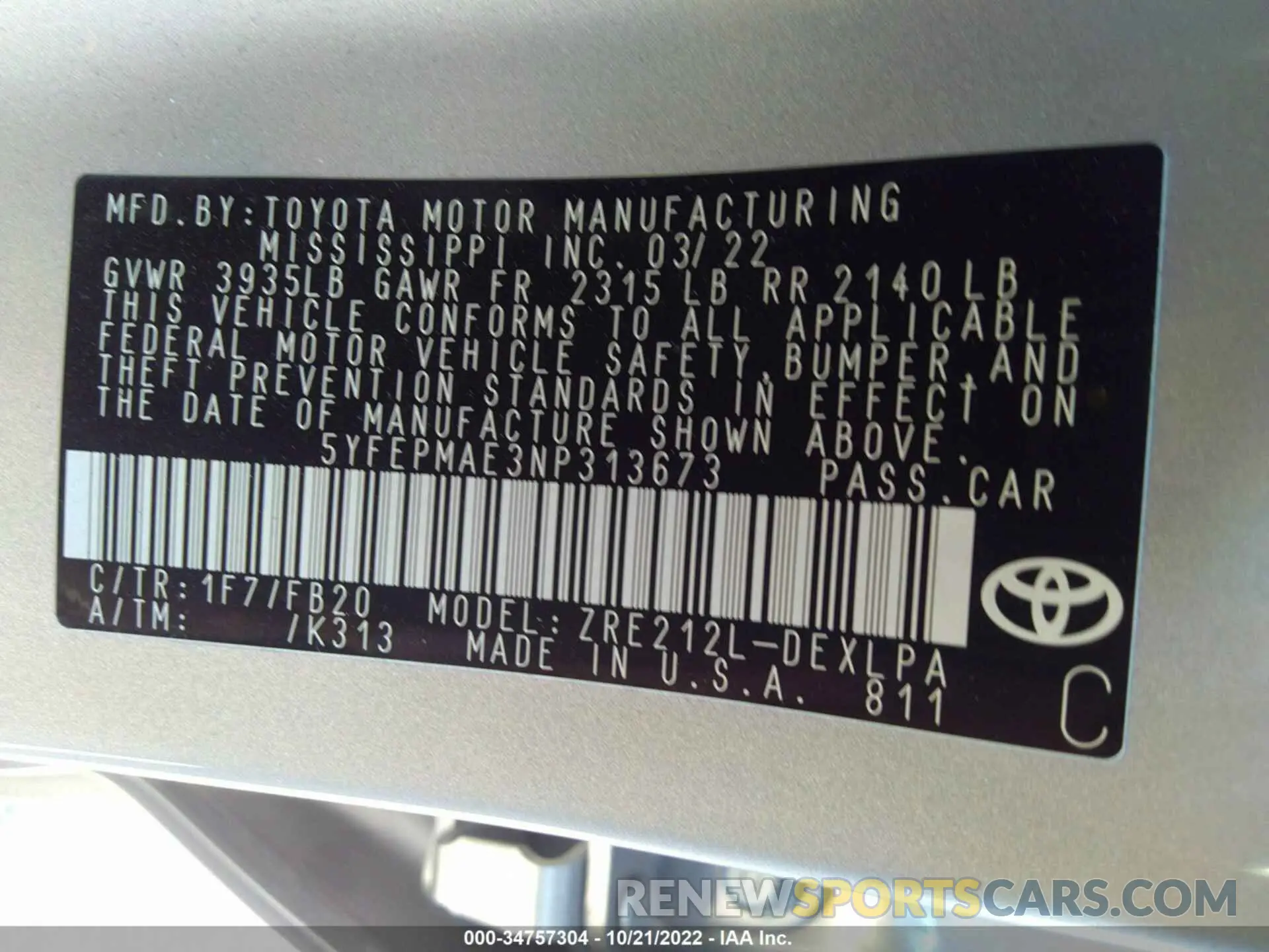 9 Photograph of a damaged car 5YFEPMAE3NP313673 TOYOTA COROLLA 2022