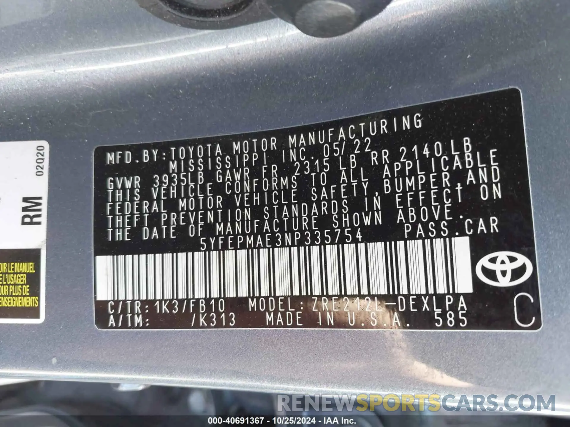 9 Photograph of a damaged car 5YFEPMAE3NP335754 TOYOTA COROLLA 2022