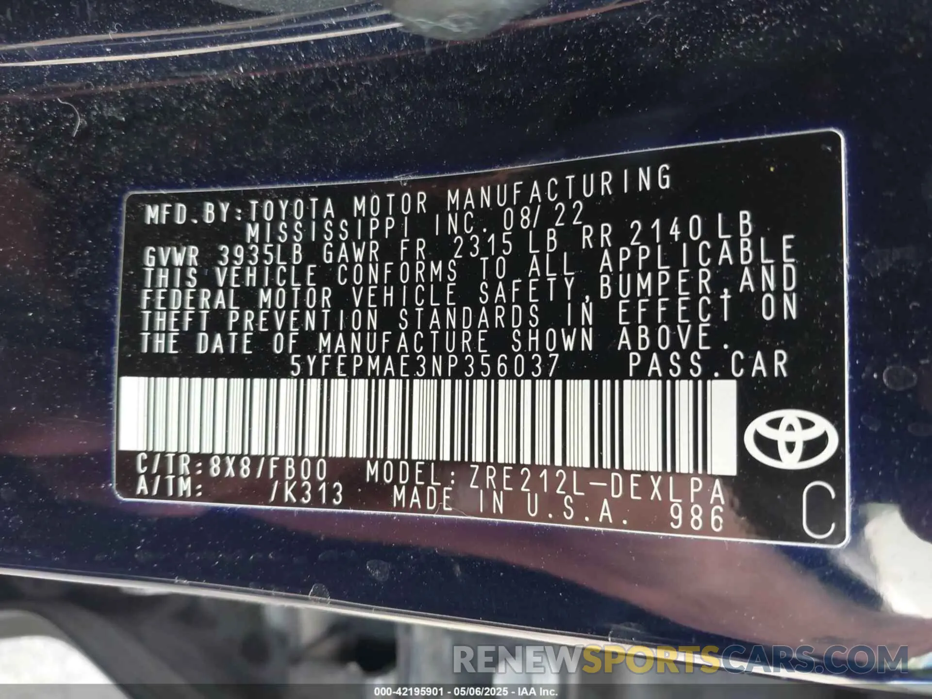 9 Photograph of a damaged car 5YFEPMAE3NP356037 TOYOTA COROLLA 2022